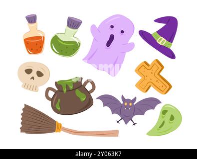 Set di personaggi ed elementi Spooky Cartoon per Halloween Concept Illustration Illustrazione Vettoriale
