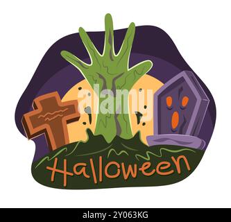 Zombie Hand Rising Up From Graveyard per Halloween Concept Illustration Illustrazione Vettoriale