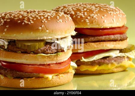 Due stuzzicanti hamburger mangiano natura morta. Isolato su sfondo verde chiaro Foto Stock