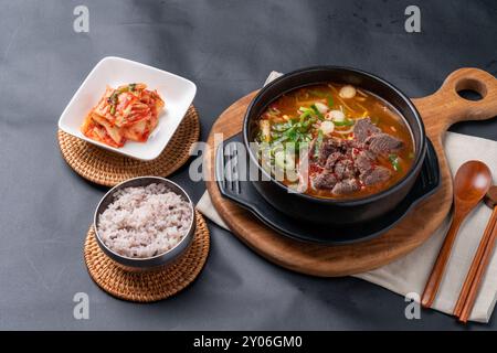 Cucina coreana, manzo coreano, manzo, bibimbap, zuppa di riso, carne cruda, stufato kimchi, stufato, tartare di manzo, contorni, piccante, tofu Foto Stock