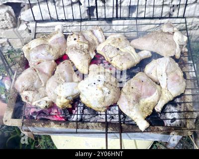 Quarti di pollo su griglia grigliati e grigliati con fiamma di carbone, grigliata di carne di pollo cotta su carbone, festa al barbecue di pollo Mesahab di notte, s. Foto Stock