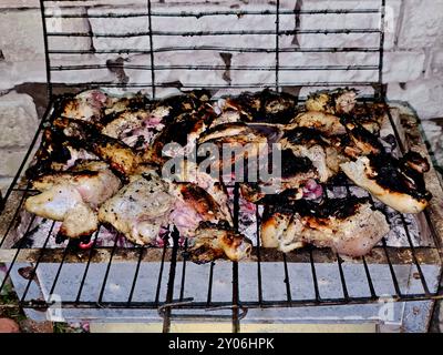 Quarti di pollo su griglia grigliati e grigliati con fiamma di carbone, grigliata di carne di pollo cotta su carbone, festa al barbecue di pollo Mesahab di notte, s. Foto Stock