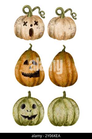 Una vivace collezione di zucche festose che mostrano espressioni uniche e deliziose per Halloween. Oggetti isolati su sfondo bianco per la progettazione di opuscoli, volantini, siti web, articoli, e-pack, etichetta o pubblicità. Arte digitale in stile acquerello. Foto Stock