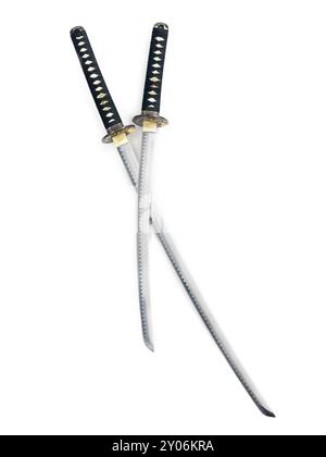 Due attraversato samurai giapponese di spade, Katana e Wakizashi isolati su sfondo bianco Foto Stock