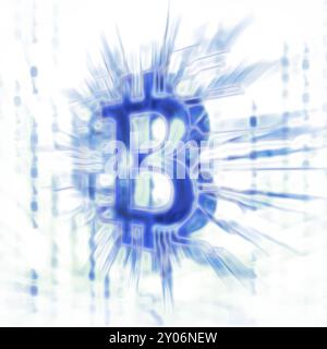 Bitcoin? criptovaluta nella rete blockchain, simbolo di valuta digitale. Illustrazione frattale dinamica di colore blu brillante su sfondo bianco Foto Stock