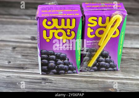 Cairo, Egitto, 9 agosto 2024: SunTop Blackcurrent Fruit Juice, ricco di vitamina C, senza aromi artificiali, colori o dolcificanti, rinfrescante ed energizzante Foto Stock