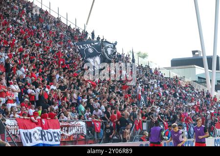 Utrecht, Paesi Bassi. 1 settembre 2024. UTRECHT, PAESI BASSI - 1 SETTEMBRE: Tifosi dell'Utrecht sventolano bandiere durante una partita olandese in Eredivisie tra FC Utrecht e FC Twente allo Stadion Galgenwaard il 1 settembre 2024 a Utrecht, Paesi Bassi. (Foto di Ben Gal/Orange Pictures) credito: dpa/Alamy Live News Foto Stock