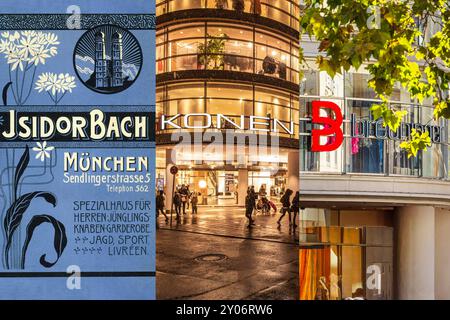 Isidor Bach, Konen, Breuninger, Geschichte eines Münchner Modehauses von 1899 bis 2024 Deutschland, München, 2024, Isidor Bach, Konen, Breuninger, Geschichte eines Münchner Modehauses, Isidor Bach, Spezialhaus für Herren- Jünglings- Knaben-Garderobe, Sendlinger Str. 5, gegründet 1871 ad Augusta, ab 1881 a München, abgebildet ist eine original Werbung von 1899 im Jugendstil, Isidor Bach 1849-1946, bekannter jüdischer Unternehmer, Pionier und Konfektionsgrössen Geschäft 1936 Foto Stock