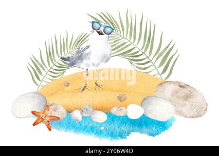 Gabbiano su una spiaggia sabbiosa con rocce e stelle marine. Illustrazione ad acquerello disegnata a mano di un gabbiano bianco cartoon sulla spiaggia, circondato da rocce e. Foto Stock