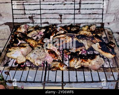 Quarti di pollo su griglia grigliati e grigliati con fiamma di carbone, grigliata di carne di pollo cotta su carbone, festa al barbecue di pollo Mesahab di notte, s. Foto Stock