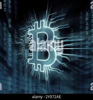 Bitcoin? criptovaluta, simbolo di valuta decentralizzata digitale, illustrazione concettuale di un logo bitcoin collegato a una rete blockchain Foto Stock