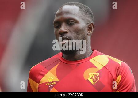 Moussa Sissoko di Watford nella sessione di riscaldamento pre-partita durante la partita del Campionato Sky Bet Sheffield United vs Watford a Bramall Lane, Sheffield, Regno Unito, 1 settembre 2024 (foto di Alfie Cosgrove/News Images) Foto Stock