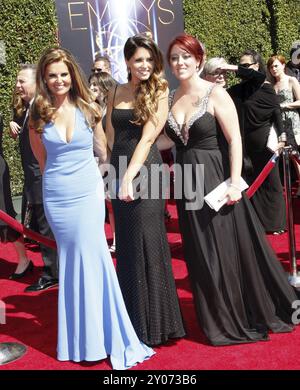 Maria Shriver, Christina Schwarzenegger e Katherine Schwarzenegger ai Creative Arts Emmy Awards 2014 tenuti al Nokia Theatre L.A. Live di Los Angeles Foto Stock