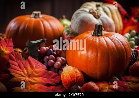 Zucche tradizionali per il giorno del Ringraziamento e Halloween in colori caldi Foto Stock