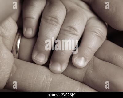 Primo piano di un bambino di sei mesi tra le mani dei suoi padri Foto Stock