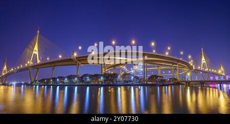 Panorama, Bhumibol Bridge1 o Industrial Ring Bridge al tramonto Foto Stock