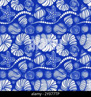 Motivo a conchiglia blu azzurro bianco con sfondo batik senza cuciture in lino, moderno cottage costiero sulla spiaggia rustico stampa a conchiglia design a motivi per la casa Foto Stock