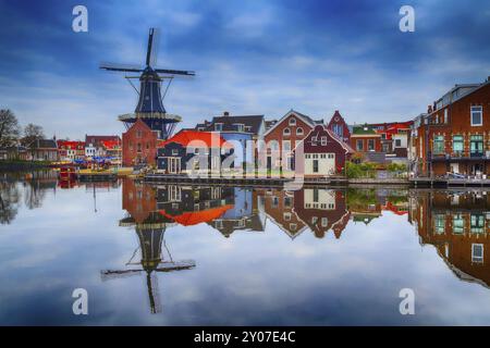 Mulino a vento e case tradizionali a Haarlem, Olanda, Paesi Bassi Foto Stock