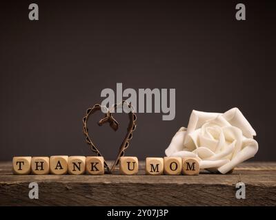 Festa della Mamma sfondo con rose bianche e dadi in legno con le parole grazie mamma! Foto Stock