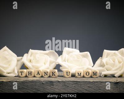 Festa della Mamma sfondo con rose bianche e dadi in legno con le parole grazie mamma! Foto Stock