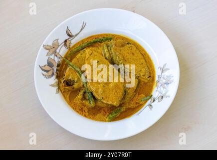 La deliziosa scogliera si abbina su un piatto bianco su una superficie di legno chiaro. Questa ricetta è a base di pesce Hilsa. Cucina tradizionale bengalese cucinata con musta Foto Stock