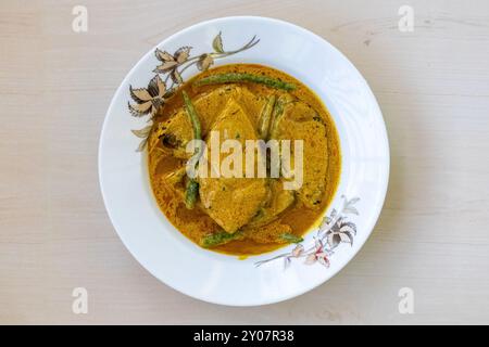 Cucina tradizionale bengalese Shorshe Ilish su un piatto bianco, cucinato con senape. Questa ricetta è fatta con pesce Hilsa (Tenualosa ilisha) ed è molto Foto Stock