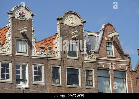 Tetti e dettagli decorativi sui tetti di edifici storici sotto un cielo limpido, Amsterdam, Paesi Bassi Foto Stock