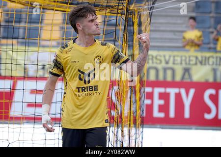 Kerkrade, Paesi Bassi. 1 settembre 2024. KERKRADE, PAESI BASSI - 1 SETTEMBRE: Thibo Baeten del Roda JC celebra il suo gol durante la partita Roda JC Kerkrade tra De Graafschap al Parkstad Limburg Stadion il 1 settembre 2024 a Kerkrade, Paesi Bassi. (Foto di Orange Pictures) (foto di Orange Pictures/Orange Pictures) credito: dpa/Alamy Live News Foto Stock