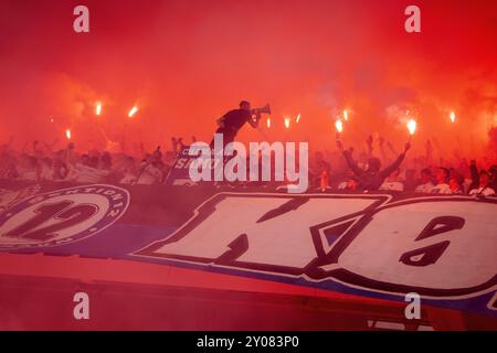 Danimarca. 1 settembre 2024. I tifosi del Copenhagen durante la partita 3F Superliga tra FC Copenhagen e Broendby IF a Parken a Copenaghen, domenica 1 settembre 2024. (Foto: Mads Claus Rasmussen/Ritzau Scanpix) credito: Ritzau/Alamy Live News Foto Stock