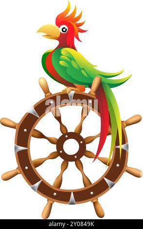 Pappagallo cartoni animati su una ruota della nave Illustrazione Vettoriale