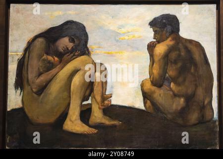 Adan y Eva con su primer hijo, Lesser Ury, 1896, oleo sobre lienzo, Museo Judio de Berlin, disenado por el arquitecto polaco Daniel Libeskinds, Berlino Foto Stock