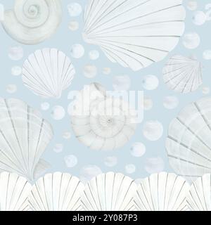 Motivo senza cuciture di conchiglie di mare beige, stelle e ciottoli, illustrazione acquerello su sfondo blu. Scogliera di vongole oceaniche disegnate a mano per disegni nautici e marittimi in colori pastello monocromatici Foto Stock