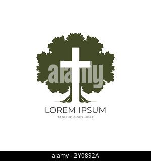 Oak Banyan Maple Tree silhouette con Jesus Christian Cross per Religion Design Vector Illustrazione Vettoriale