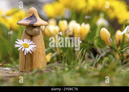 La figura di gnomi in legno con una margherita in mano si erge in un letto di fiori davanti a fiori gialli sfocati Foto Stock