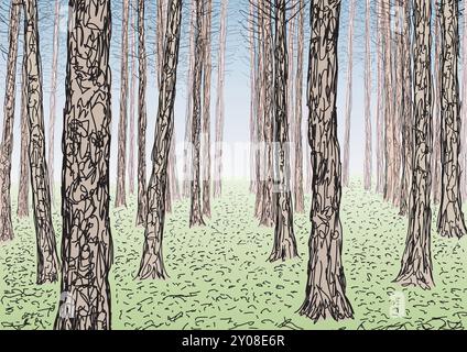 Disegno di una foresta, tronchi d'albero, illustrazione vettoriale Illustrazione Vettoriale