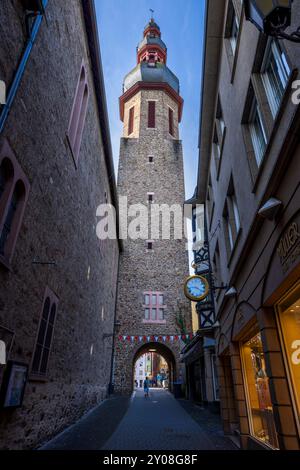Chiesa di San Martino per le strade di Cochem sul fiume Mosella, Germania Foto Stock