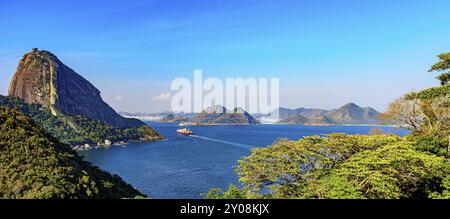 Nave da carico che arrivano all'ingresso della baia di Guanabara a Rio de Janeiro con la foresta e la montagna Sugar Loaf e Niteroi città in background Foto Stock