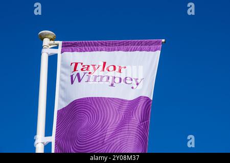 Norwich, Regno Unito - agosto 30 2024: Bandiera viola o logo per costruttori di casa del Regno Unito, Taylor Wimpey Foto Stock