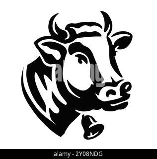 Testa di mucca animale con logo a campana. Simbolo o simbolo dell'azienda lattiero-casearia. Illustrazione vettoriale Illustrazione Vettoriale