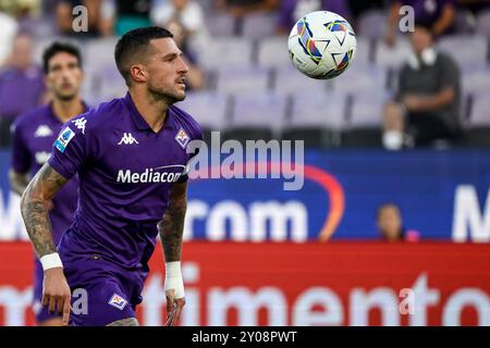 Firenze, Italia. 1 settembre 2024. Cristiano Biraghi dell'ACF Fiorentina in azione durante la partita di serie A tra l'ACF Fiorentina e l'AC Monza allo stadio Artemio Franchi di Firenze, 1 settembre 2024. Crediti: Insidefoto di andrea staccioli/Alamy Live News Foto Stock