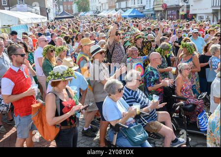 Faversham, Kent, Regno Unito. 1 settembre 2024. Secondo giorno dell'Anual Faversham Hop Festival, celebrato in tutta la città con musica, bancarelle di artigianato e balli Morris. Grande folla che guarda l'intrattenimento sul palco principale. Crediti: Phil Robinson/Alamy Live News Foto Stock