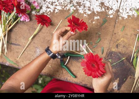 Tavolo da lavoro fiorista. Fiorista al lavoro che crea un bouquet in un negozio di fiori. vista dall'alto Foto Stock