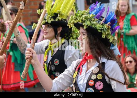 Faversham, Kent, Regno Unito. 1 settembre 2024. Secondo giorno dell'annuale Faversham Hop Festival, celebrato in tutta la città con musica, bancarelle di artigianato e balli Morris. Membri dei Dead Horse Morris e dei Broom Bashers crediti: Phil Robinson/Alamy Live News Foto Stock