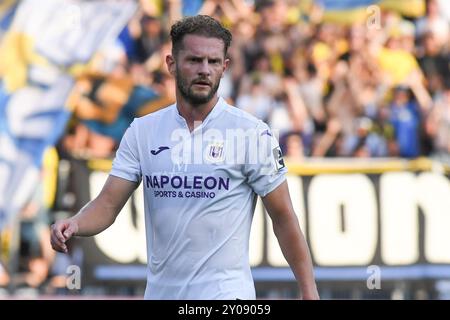 Bruxelles, Belgio. 1 settembre 2024. Anderlecht's Mats Rits in azione durante una partita di calcio tra RUSG Royale Union Saint-Gilloise e Royal Sporting Club Anderlecht, a Bruxelles, il sesto giorno della stagione 2024-2025 della prima divisione del campionato belga "Jupiler Pro League", domenica 01 settembre 2024. BELGA FOTO JILL DELSAUX credito: Belga News Agency/Alamy Live News Foto Stock