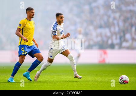 32 (BIF) - Frederik Alves Ibsen. 30 (FCK) - Elias Achouri. Superliga: FC København mod Brøndby IF - 01.09.24. København, Danmark. 1 settembre 2024. Foto Stock