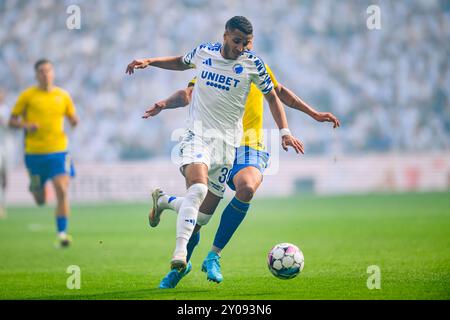 30 (FCK) - Elias Achouri. 32 (BIF) - Frederik Alves Ibsen. Superliga: FC København mod Brøndby IF - 01.09.24. København, Danmark. 1 settembre 2024. Foto Stock