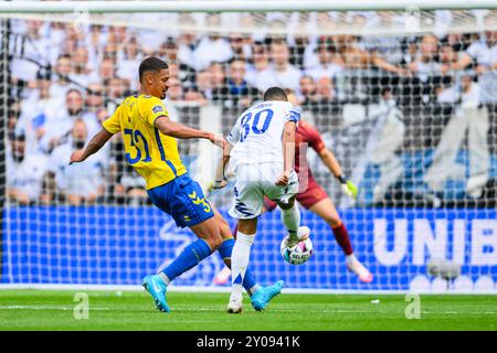 32 (BIF) - Frederik Alves Ibsen. 30 (FCK) - Elias Achouri. Superliga: FC København mod Brøndby IF - 01.09.24. København, Danmark. 1 settembre 2024. Foto Stock