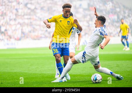 35 (BIF) - Noah Nartey. 22 (FCK) - Giorgi Gocholeishvili. Superliga: FC København mod Brøndby IF - 01.09.24. København, Danmark. 1 settembre 2024. Foto Stock