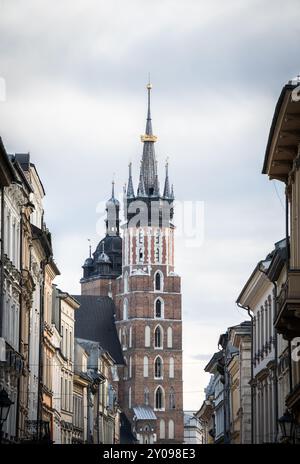 Strada storica nel centro storico della città con un'enorme torre alla fine, Cracovia, Polonia Foto Stock
