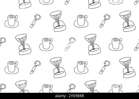 Caffè con effetto doodle senza cuciture in linea. Trama igge disegnata a mano con tazze e macchina per il caffè geyser. Stampa monocromatica divertente sorriso senza cuciture Illustrazione Vettoriale